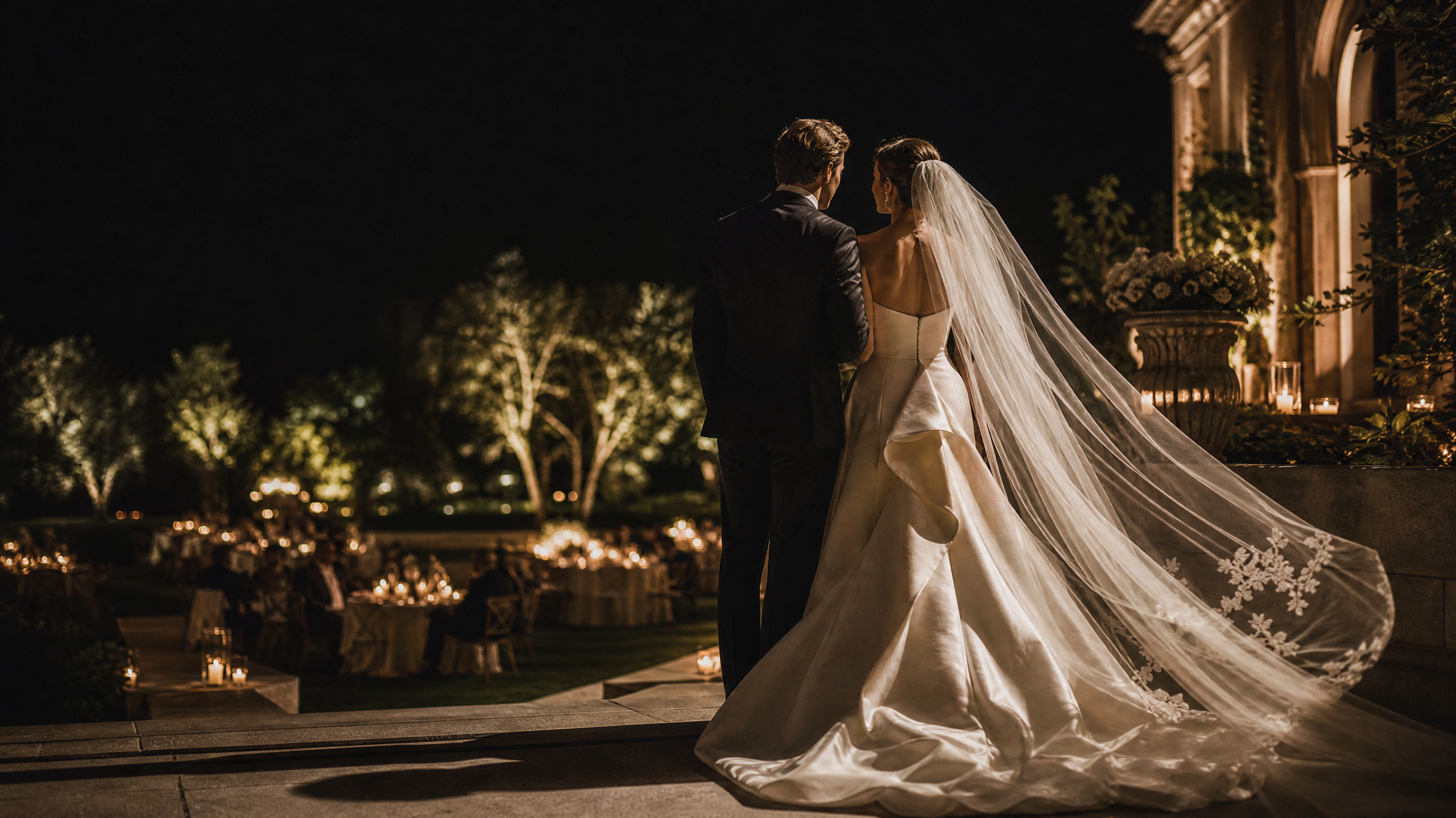 Just-married couple at an elegant evening estate reception